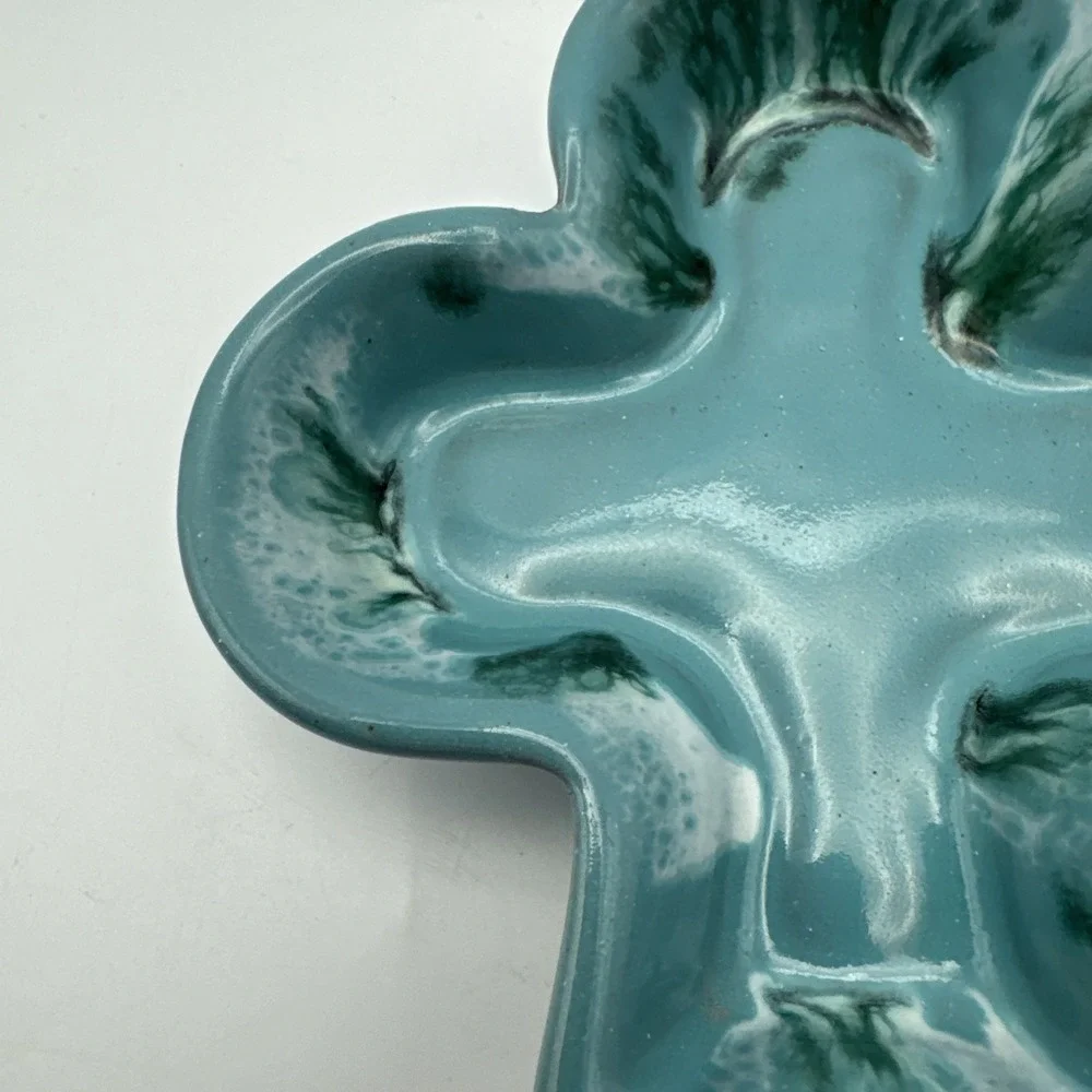 Mid Century Clover Shaped‎ Ceramic Trinket Dish Studio Pottery Turquoise Glaze